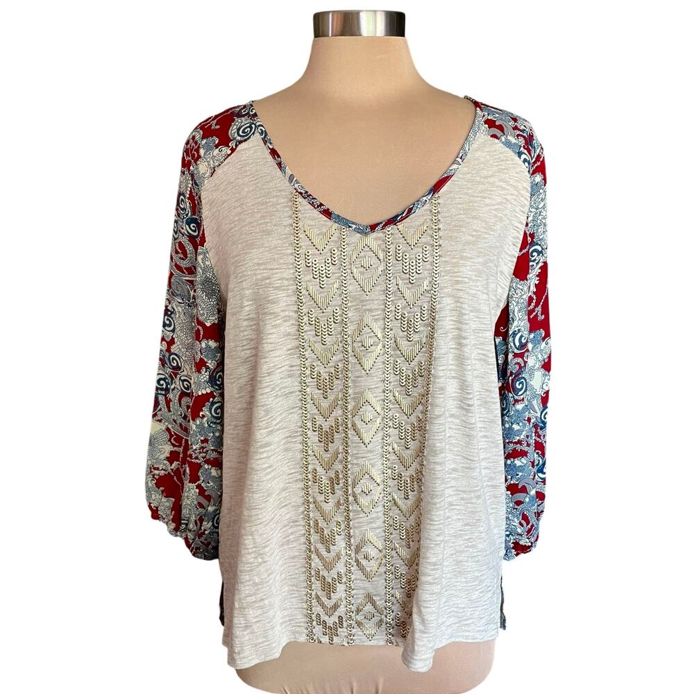 Miss Me Multimedia Top LARGE 3/4 Sleeves V-Neck Western Aztec Boho Casual Work